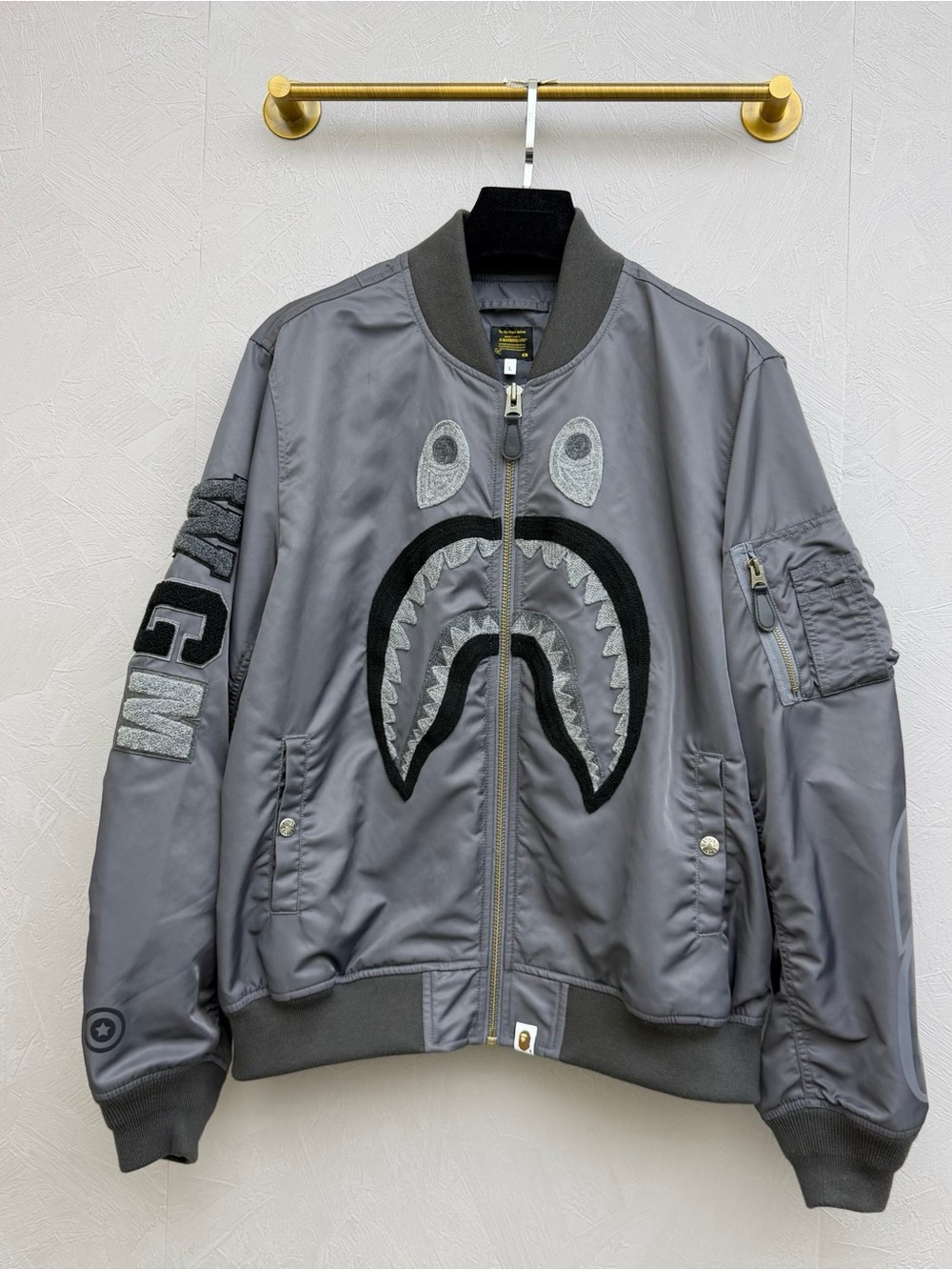 🚩steal Bape Gray Shark Bomber Jacket with Embroidered Face